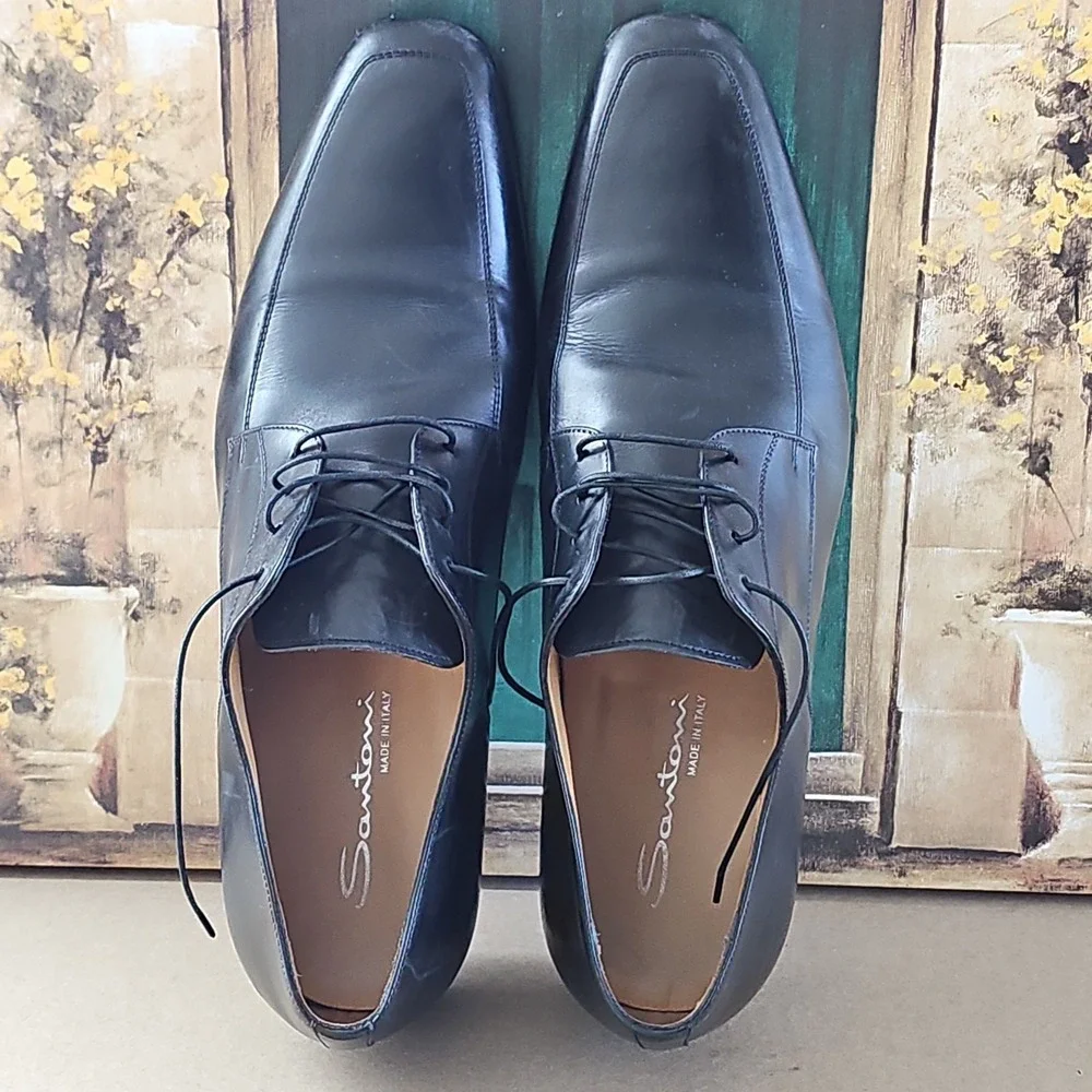 SANTONI Mens 11.5 Black Apron Toe  Dress Derby Oxfords Italy